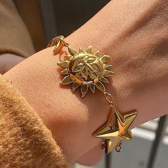 Gold Moon Star Sun Two Piece Chain Bracelet Set - Picture 2 of 10